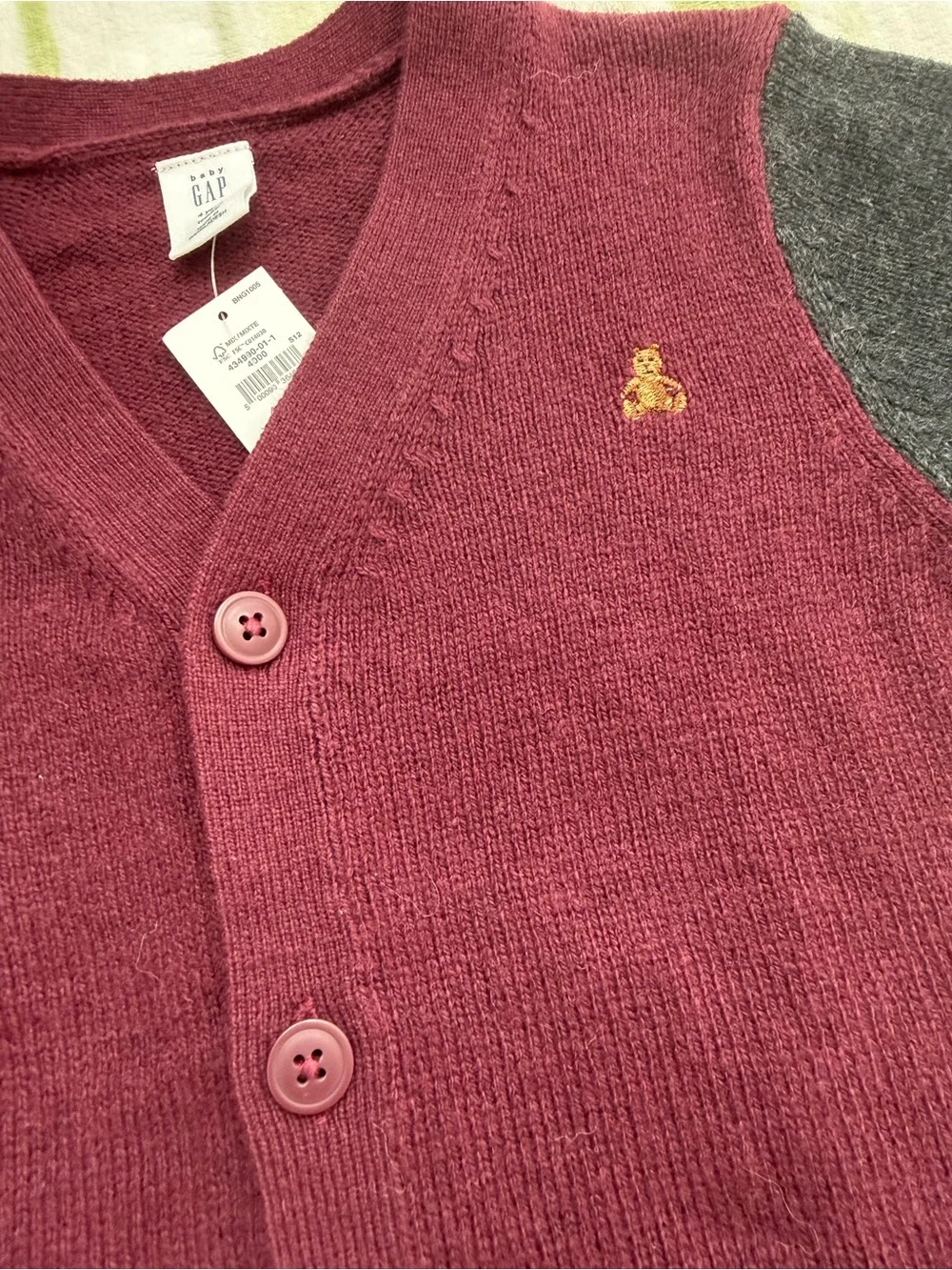 GAP Burgundy & Charcoal Button-Up Cardigan with Red Trim